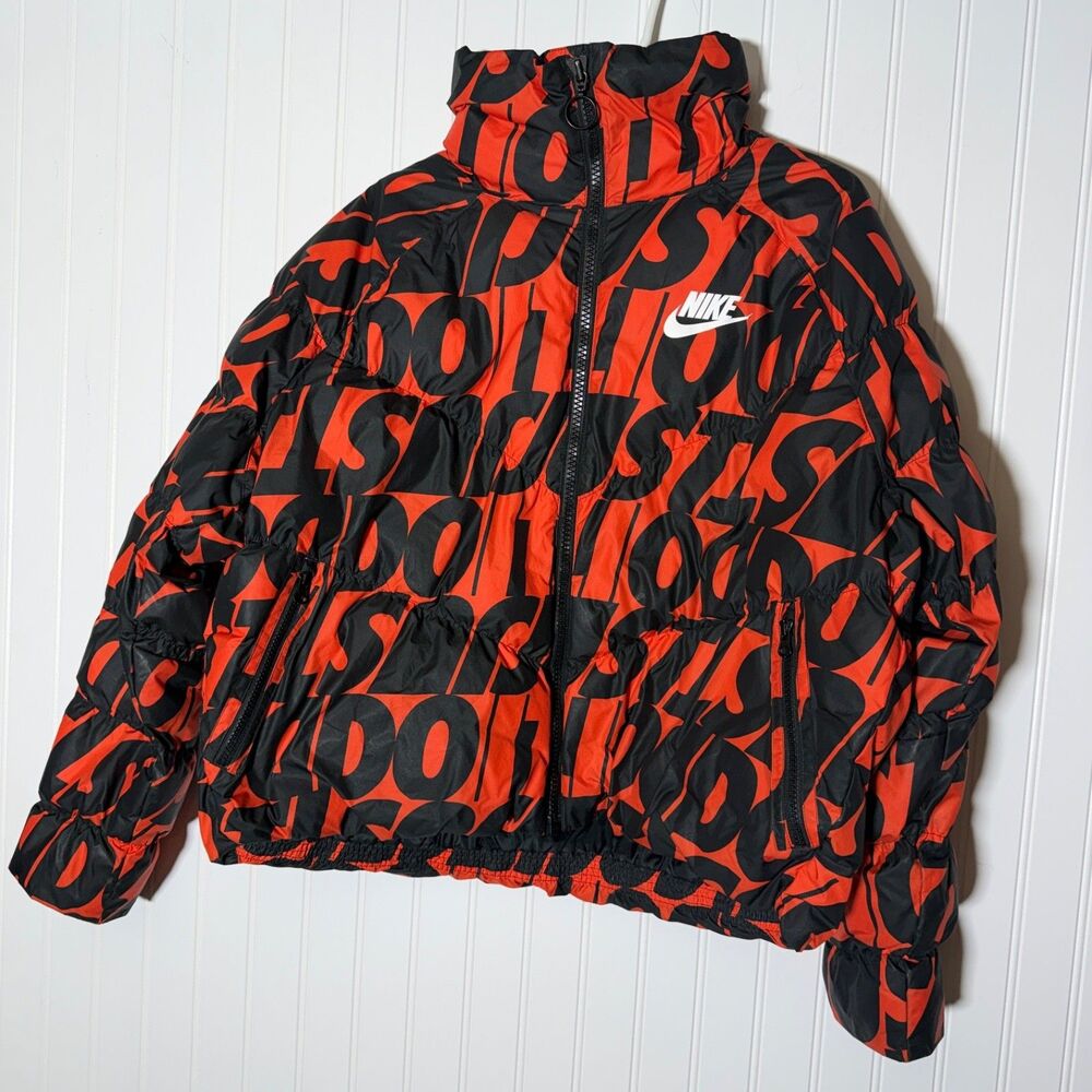 Nike Womens Sportwear Just Do It JDI Orange Black Puffer Jacket Coat Medium